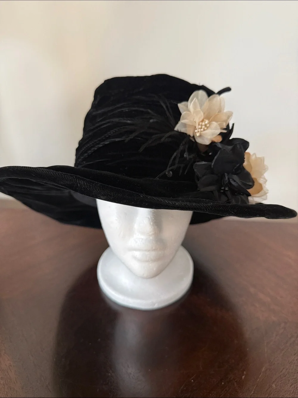 Vintage Hooray Henri Black Velvet Hat with Floral Accents and Gold Cameo